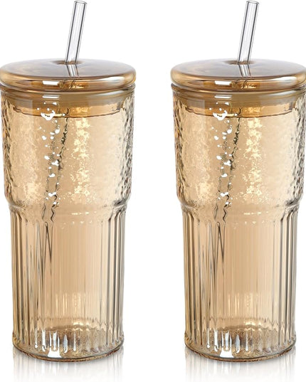 Joeyan 22 oz Amber Glass Tumbler with Straw and Lid for Iced Tea Coffee Smoothie Water Juice Beverages Soda,Ribbed Glasses Cups,Borosilicate Drinking Jar,Set of 2,Dishwasher Safe