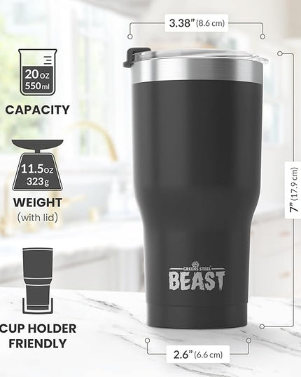 Beast 20 oz Tumbler Stainless Steel Vacuum Insulated Coffee Ice Cup Double Wall Travel Flask (Matte Black)