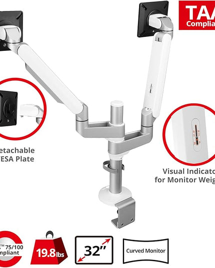 SIIG MTPRO Dual Monitor Arm Desk Mount, Fully Adjustable Mechanical Spring Design, up to 32" Display, Max 19.8 lbs per arm, VESA 75/100mm, Cable Management, BIFMA and TAA Compliant