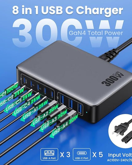USB C Charger 300W USB C Charger Block, 8-Ports GaN IV Fast Charging Station Hub, Dual PD 100W Laptop Charger Adapter,for MacBook Pro/Air/iPad/iPhone16/15/14/Apple Watch/DELL/Samsung for Home Office