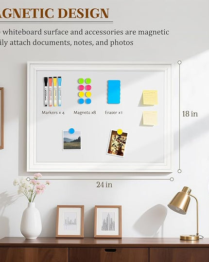 White Board for Wall, 24'' x 18'' Magnetic Dry Erase Board, Decorative Whiteboard with Plain White Wooden Frame, Hanging Writing Board for Home Office School Dorm