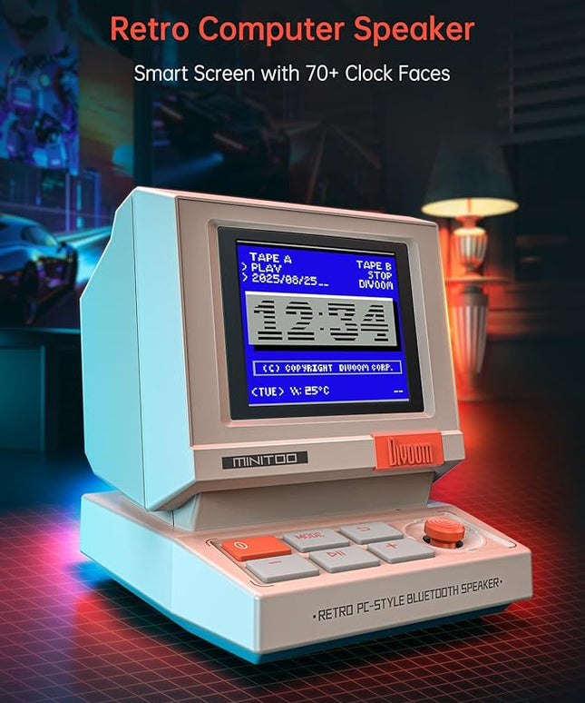 Divoom MiniToo Retro PC-Style Computer Speaker, Smart Pixel Screen with DIY Faces, Bluetooth & USB Audio, Alarm/White Noise Clock, Desk Setup Gift for Bedroom, Office & Gaming