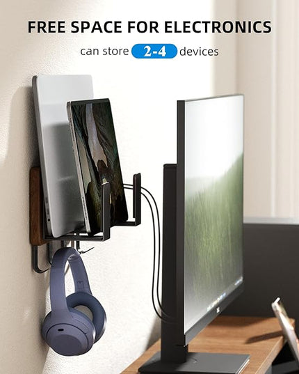 Universal Laptop Wall Mount Holder, Adjustable Metal Desk Organizer with Hooks | Ventilated Cooling & Anti-Scratch Pads | Compatible with 10-17.3 inch Laptop, Tablet, Keyboard, Router, Modem