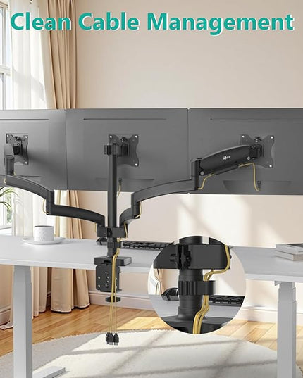 WALI Triple Monitor Mount, 3 Monitor Desk Mount with Premium Gas Spring Arm for Screens up to 27 inch, Multiple Monitors Stand with Tilt, Swivel, Rotation, Mounting Holes 75/100 mm, Black