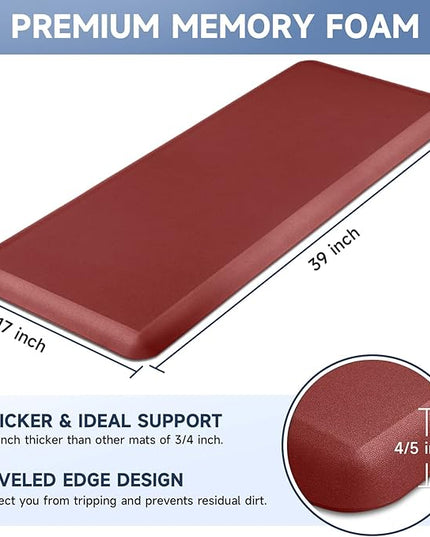 StepRite 4/5 Inch Thick Kitchen Mat Anti Fatigue Mat Kitchen Rugs Kitchen Decor Non-Slip, Stain & Water Resistant, Kitchen Mats Desk Mat for Kitchen, Office, Workshop, Red, 17'' x 39''