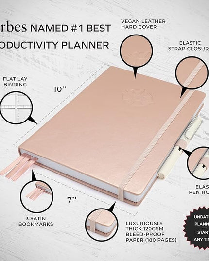 Smart Planner Pro – Undated Daily Planner – Medium B5 – Achieve Goals & Increase Productivity with Weekly, Monthly, Work Sections - Organizer Planner with Back Pocket, 3 Satin Bookmarks & Pen Holder