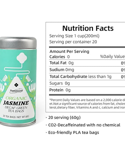 Decaf Jasmine Tea Bags, Authentic Pure Decaffeinated Jasmine Green Tea, Super Antioxidant, 20 Count Tea Bags for Hot & Iced Tea