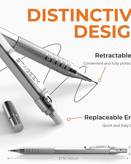 35Pcs Art Mechanical Pencil Set with Case, 0.5 0.7 0.9 2.0 Graphite Metal Drawing Drafting Pencils, Sharpener Erasers 384PCS Lead Refills (6B 4B 2B HB 2H 4H Colors)Pencils for Writing Sketching,Silver