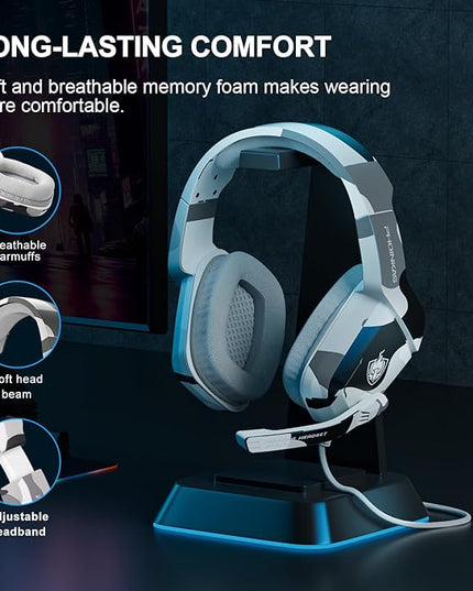 PHOINIKAS Gaming Headset for PS4, Xbox One, PC, Laptop, Mac, Nintendo Switch, 3.5MM PS4 Stereo Headset Over Ear Headphones with Noise-Cancelling Mic, Bass Surround - Camo
