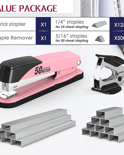Metal Stapler Heavy Duty 50 Sheet Capacity with 1750 Staples and Staple Remover, Full Strip Staplers for Desk, No Jam, Non-Slip for Office & Classroom, Pink