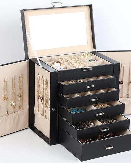 BOOVO Jewelry Box For women, 6 Layer Large Jewelry Organizer With Mirror, Multi-Function Storage Box With Lock, Necklace Holder With 5 Drawers, For Earrings Necklace Bracelet (Silver and Black)