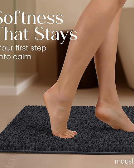 MAYSHINE Plush Shaggy Chenille Bath Mat | Extra Soft, Super Absorbent, Non-Slip Bathroom Rug | Fluffy Microfiber, Area Rug Sets for Bathroom Floor, Kitchen, Living Room | 23"x14" | Black