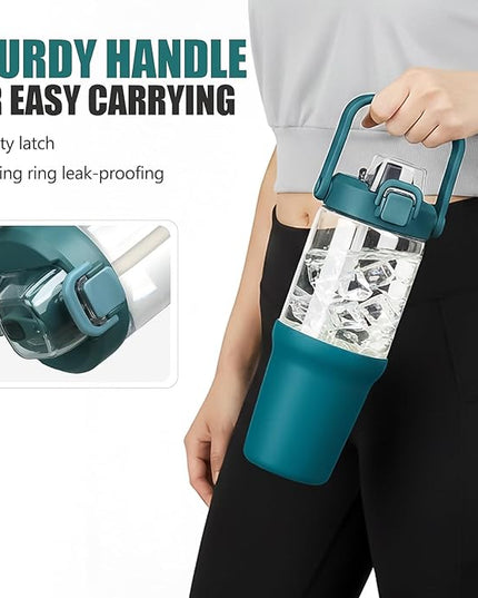 Glass Tumbler with Carry Handle, Clear Glass Water Bottle with Leakproof Lid, Spout Lid&Straw, BPA-Free, 32 oz, Peacock Blue