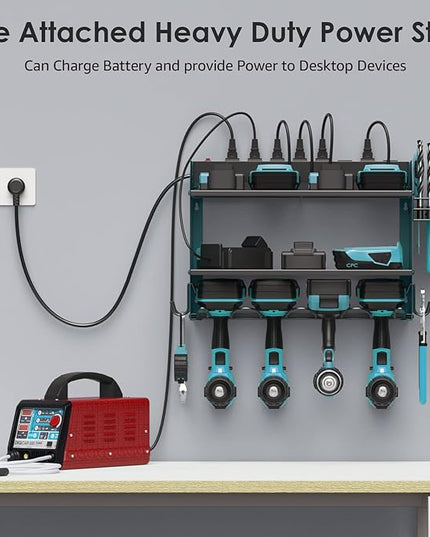 CCCEI Modular Power Tool Organizer Wall Mount with Charging Station. Garage Drill Storage Shelf with Hooks, Heavy Duty Rack, Tool Battery Holder Built in 8 Outlet. Gift for Men. Navy Blue, 2 Pack.