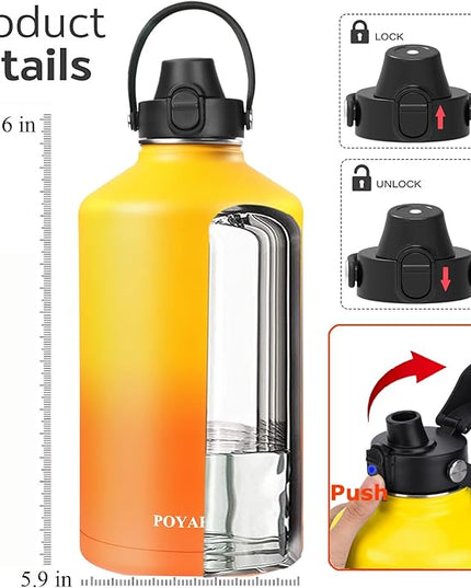 Water Bottle Insulated 32oz 40oz 64oz 128oz Straw Lid Spout Lid & 3 Lids, Leak Proof, Vacuum Insulated,Stainless Steel Water Bottle Wide Mouth for Sports, Gym or Office