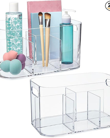 STORi Bliss 5-Compartment Plastic Cosmetics Storage Organizer, Set of 2 | Clear | Rectangular Divided Makeup Bin & Vanity Caddy with Pass-Through Handles | Round Corner Design | Made in USA