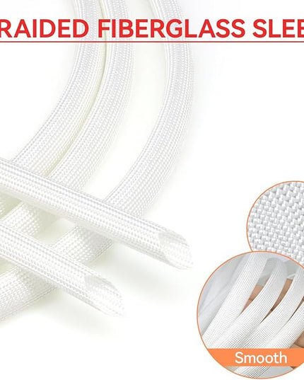 Braided Fiberglass Sleeve, 10ft High Temp Cable Sleeve, Flexible Cable Management Cable Protector for Car Wire Loom Protection (White, 5/8")