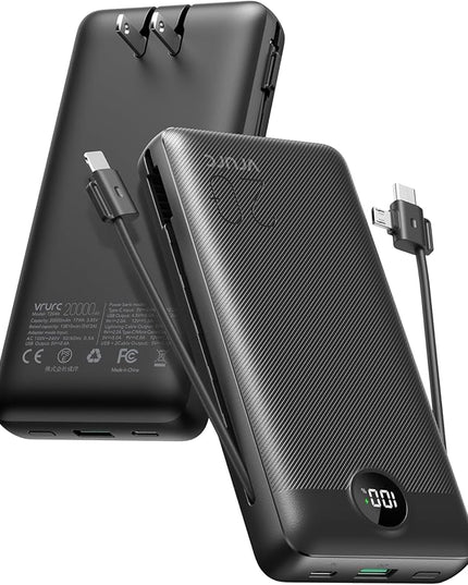 VRURC Portable Charger 20000mAh, Fast Charging Power Bank USB C,4 Output 2 Input Travel Essentials Charging Bank Equipped with LED Display,Built-in Wall Plug and Cables,Phone Charger Battery,Black