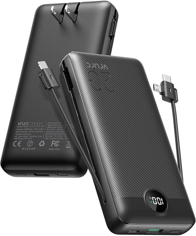 VRURC Portable Charger 20000mAh, Fast Charging Power Bank USB C,4 Output 2 Input Travel Essentials Charging Bank Equipped with LED Display,Built-in Wall Plug and Cables,Phone Charger Battery,Black