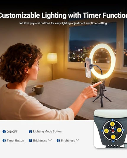 NEEWER Entry Level Version 10.5" Desk Ring Light w Tripod Stand/Phone Holder Compatible with iPhone, Timer/Remote, 10W CRI85+ LED Lighting for Selfie Makeup Streaming Recording Video Conference, N25