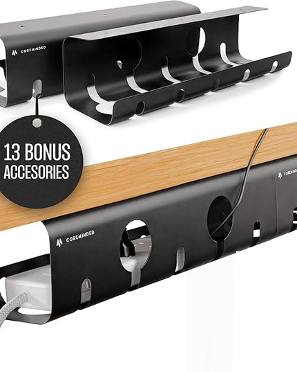 No-Drill Under Desk Cable Management Tray - 2-Pack Wire & Cord Organizer - Standing Desk Cable Management - Power Strip Holder - M