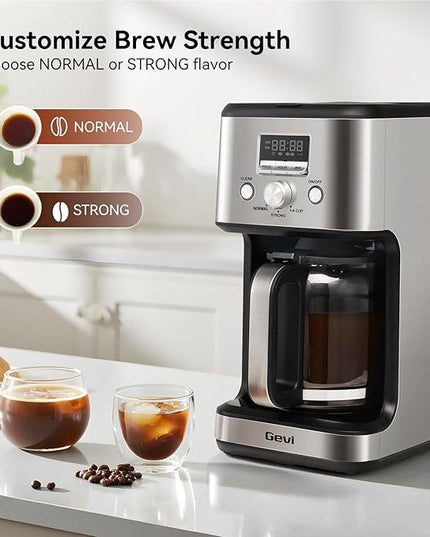 Gevi 14-Cup Programmable Coffee Maker, Drip Coffee Machine with Normal & Strong Brew for Home and Office, Glass Carafe, 2-Hour Keep Warm, Pause & Serve, Auto Shut Off, Silver