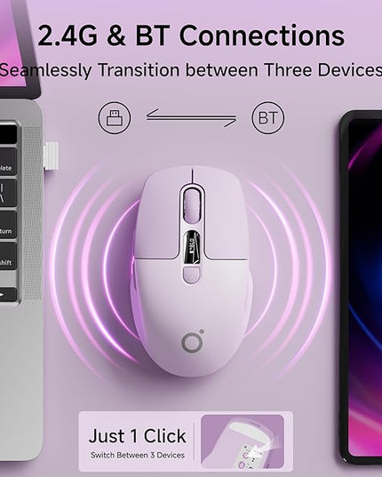 EWEADN Q1 Wireless Mouse, BT & 2.4G Silent Mouse Quiet Click with 1600 DPI Levels, Battery & DPI LED Screen Display, 6 Button Small Portable Bluetooth Mouse for Laptop/PC/Mac-Purple