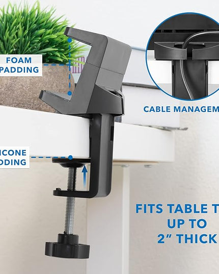 Mount-It! Power Strip Holder Clamp Desk Mount with Included Surge Protector | Black Desktop Power Outlet with 3 USB Ports and 3 AC Power Outlets | Adjustable Power Strip Clamp Mount
