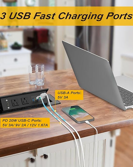 Recessed Power Strip, HDMI Pop Up Power Cover Box Desktop Socket with PD 20W USB C Charging Ports, Stainless Steel Receptacle Outlet for Conference Room Countertop (Black)