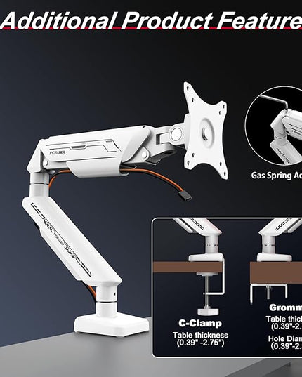 Monitor Arm for 17-35" Screens up to 24.2 lbs, Ergonomic Gas Spring Monitor Stand with Height Adjust, Tilt, Swivel & Cable Management, VESA Desk Mount with 2 Types of Installation, White