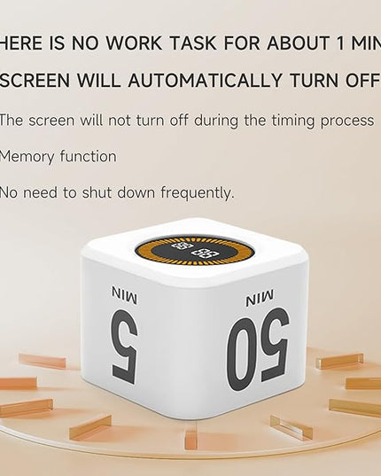 Exlliy Rotating Productivity Timer 5, 25, 10, 50 Minutes Preset, Desk Cube w/Gravity Sensor for ADHD, Mute Functions, Ideal for Work, Study, Kitchen, Back to School (1, White)