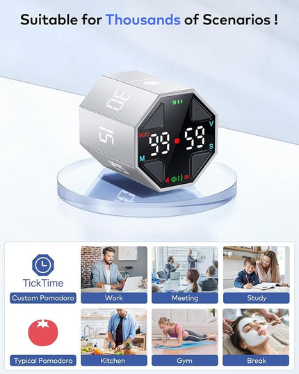 Pomodoro Timer Cube, Custom Pomodoro, Pause & Resume, Silent, Vibrate & Adjustable Sound Alert, for ADHD, Task, Work, Study, 3/5/10/15/30/45/60min & Custom Countdown,Silver