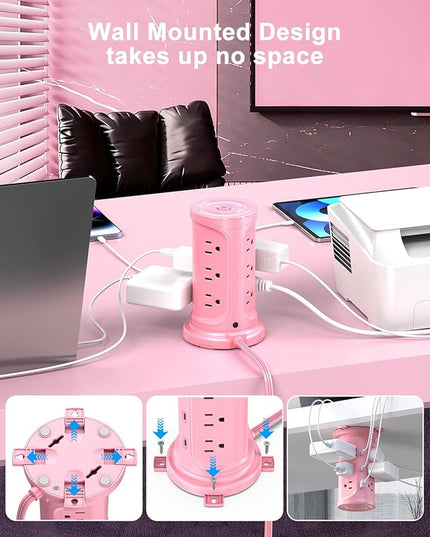 Tower Power Strip Surge Protector with 12 Outlets 3 USB Ports(2 Type C), 6.5 FT Ultra Flat Extension Cord with Multiple Outlets, Flat Plug Outlet Extender with Screw Wall Mount for Home Office Dorm