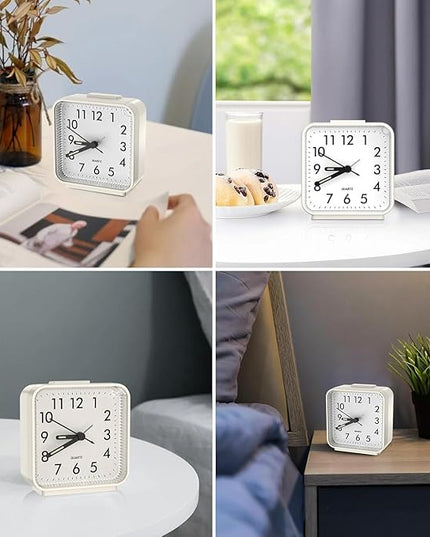 OQIMAX Analog Alarm Clocks, Non Ticking Table Clock with Luminous Hand & Large Display, Battery Powered Silent Bedside Alarm Clock with Night Light Function & Snooze, for Bedroom, Office (White)