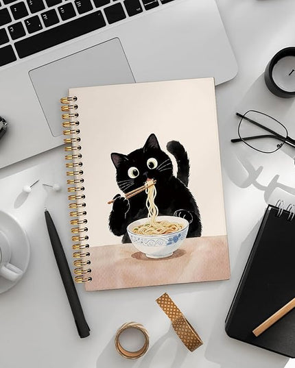 LIANHW Funny Black Cat Notebook, Cats Lover Gifts Notebooks for Note Taking, Cats Mom Lady Gifts Journal, Black Kitten Eat Noodles Journals for Writing, Cat Office Supplies, 5.5x8.3 Inch