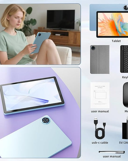 Android 15 Tablet 10 inch,24GB RAM 128 ROM,Tablets with Keyboard Case Mouse Stylus,1TB Expandable,Octa-Core 6000mAh 1280x800 IPS HD,5G WiFi,T615 CPU,High Performance,Processor,Dual Camera(Blue)