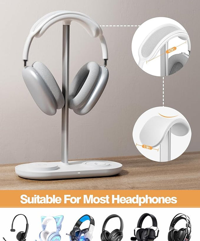 Universal Headphone Stand, Magnetic Wireless Charger for iPhones/AirPods/iWatch, Aluminum Alloy Rod, Leather Pad, ABS Solid Base, White