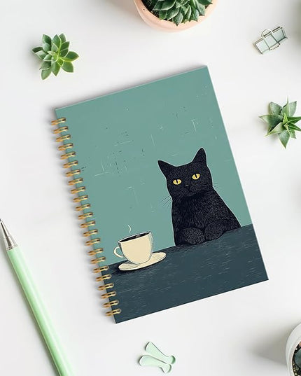 ROXMART Vintage Coffee Black Cat Spiral Notebook Journal, Cat Lover Mom Lady Gifts for Women, Funny Black Kitty Kitten with Coffee Hardcover Notebook Journal, 5.5x8.3 Inch