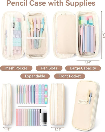 Four Candies 39 PCS Aesthetic School Supplies with Cute Pen Case, 12 Pastel Highlighters, 5 Black Ink Gel Pens, 6 Mechanical Pencils Set for Students Stationary College Essentials (Cream)
