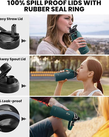 Insulated Water Bottle 32 oz, Triple Wall Vacuum Stainless Steel (Cold for 48 Hrs), Leak Proof & Non-BPA, Modern Water Flask Jug with Paracord Handle & Straw Spout Lids, Dark Green