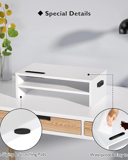 BONTEC Wooden Monitor Stand Riser, 2-Tier Desk Shelf with Storage Organizer, Ergonomic Computer Stand with Cable Management, Cellphone Holder, White, 16.5 Inch