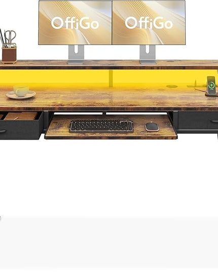 OffiGo Electric Standing Desk with Drawers & Keyboard Tray, 63 Inch Height Adjustable Desk with Power Outlets & LED Lights, Sit Stand Table with Monitor Stand for Home, Office, Rustic Brown