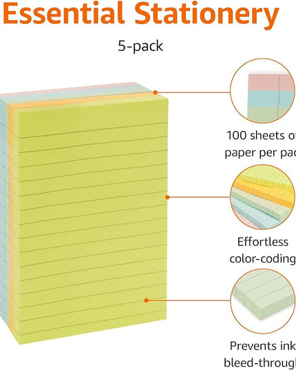 Amazon Basics Sticky Notes, 4x6 Inches, Assorted Colors Self-Stick Pads, Easy to Post for Home, Office, Notebook, 100 sheets/Pad, Pack of 5