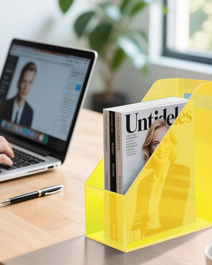 Acrylic Magazine Rack Desk File Holder Organizer for Office Desktop Vertical Magazine Storage Box, 12 x 10 x 5'', Neon Yellow