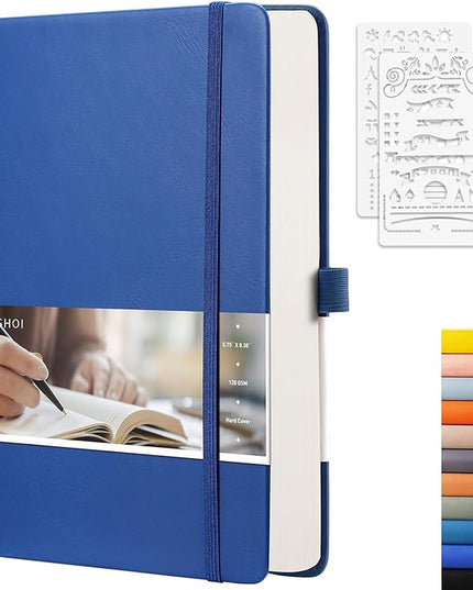 EMSHOI A5 Dotted Journal - 256 Pages with 120gsm Thick Dot Grid Paper, Hardcover Leather Dotted Notebook, 16 Perforated Pages, Pen Loop & Inner Pocket, for Bullet Journaling, 5.75” x 8.38”, Blue