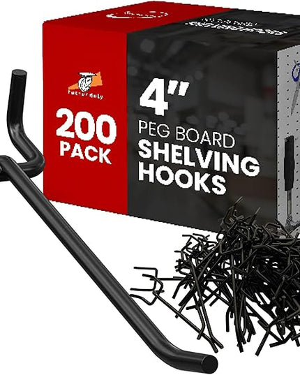 FactorDuty 200 Pack 4" Length Steel Black PEG Board Pegboard Shelving Hooks Wholesale Lot 20 lbs PEG Hooks Organizer Tools for Craft Storage, Garage, Kitchen, Tools and More