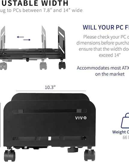 VIVO Large Computer Tower Desktop ATX-Case, CPU Steel Rolling Stand, 7.8 to 14 inch Wide Adjustable Mobile Cart Holder with Locking Caster Wheels, Gaming PC Holder, Black, CART-PC01L
