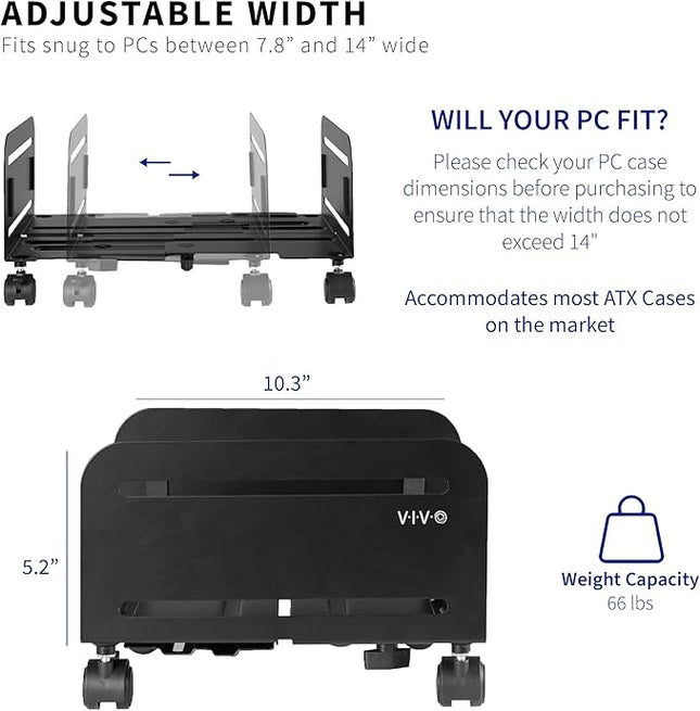 VIVO Large Computer Tower Desktop ATX-Case, CPU Steel Rolling Stand, 7.8 to 14 inch Wide Adjustable Mobile Cart Holder with Locking Caster Wheels, Gaming PC Holder, Black, CART-PC01L