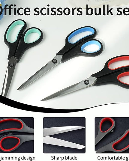 Scissors, 3-Pack 8" Heavy Duty Scissors with Ultra Sharp Blades and Comfort Grip Handles - For Office, Home, School, Sewing, and Crafts (Red, Green, Blue)