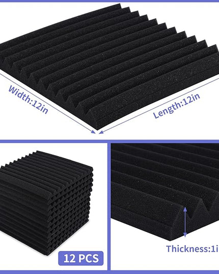 12 Pack Sound Proof Foam Panels Studio Acoustic Foam Panels,1" X 12" X 12"Soundproof Wall Panels with Self-Adhesive,Fire-Proofed Soundproofing Wedges,Acoustic Treatment Foam for Home-Black
